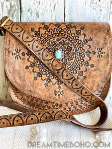 Hand Tooled Mandala Crossbody Leather Bag-Handbags-Dreamtime Boho -Antique Brown-Dreamtime Boho