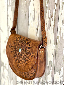 Hand Tooled Mandala Crossbody Leather Bag-Handbags-Dreamtime Boho -Antique Brown-Dreamtime Boho