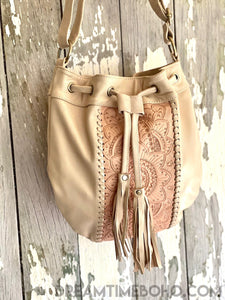 Hand Tooled Leather Crossbody Mandala Floral Handbag-Apparel & Accessories-Dreamtime Boho -Beige-Dreamtime Boho