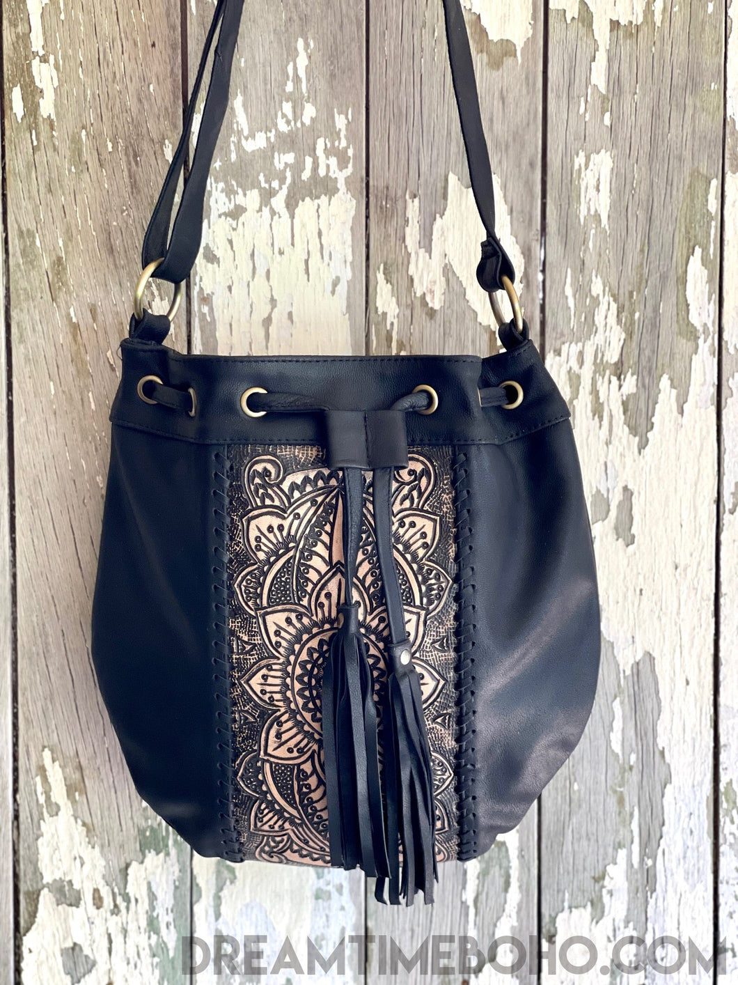 Hand Tooled Leather Crossbody Mandala Floral Handbag-Apparel & Accessories-Dreamtime Boho -Black-Dreamtime Boho