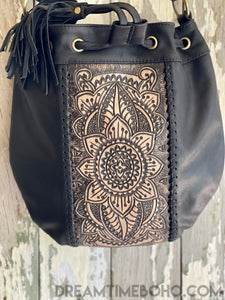 Hand Tooled Leather Crossbody Mandala Floral Handbag-Apparel & Accessories-Dreamtime Boho -Black-Dreamtime Boho