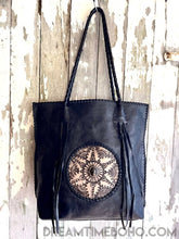 Load image into Gallery viewer, Leather Tote Shoulder Bag Boho Bag Tooled Mandala-Handbags, Wallets &amp; Cases-Dreamtime Boho-Black-Dreamtime Boho