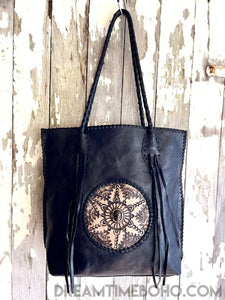 Hand Tooled Mandala Leather Tote Shoulder Bag Boho Handbag-Dreamtime Boho -Black-Dreamtime Boho
