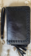 Load image into Gallery viewer, Back view of black genuine leather boho wallet with woven leather edging