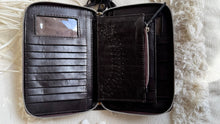 Load image into Gallery viewer, Open genuine leather boho wallet showing card slots, zip compartment and organised interior sections