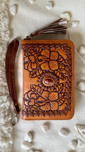 Load image into Gallery viewer, Tan hand tooled leather boho wallet with hibiscus floral design, natural stone feature and wristlet strap By Dreamtime Boho 