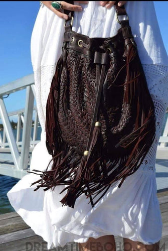 Gypsy Weave Fringe Leather Boho Bag-Apparel & Accessories-Dreamtime Boho-Chocolate-Dreamtime Boho