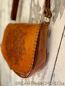 Hand Tooled Mandala Fringe Free Leather Boho Bag-Crossbody Handbag-Dreamtime Boho -Dreamtime Boho