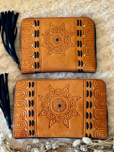 Mandala Leather Boho Wallet Purse Small Black-Handbags, Wallets & Cases-Dreamtime Boho-Dreamtime Boho