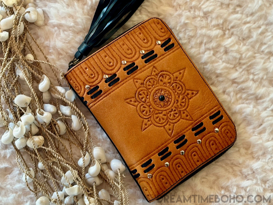 Mandala Leather Boho Wallet Purse Small Black-Handbags, Wallets & Cases-Dreamtime Boho-Dreamtime Boho