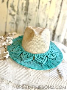 Bohemian Macrame Hat Handmade Macrame Fedora Style Hat Festival Hat-Boho Hat-Dreamtime Boho -Turquoise-Dreamtime Boho