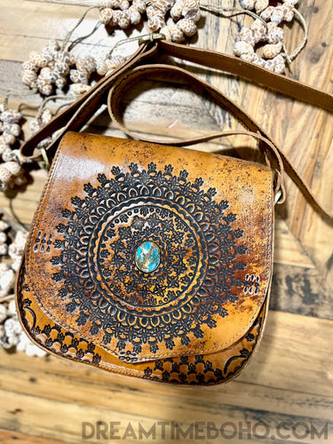 Mandala Crossbody Leather Boho Bag with Turquoise Stone-Crossbody Bag-Dreamtime Boho-Dreamtime Boho