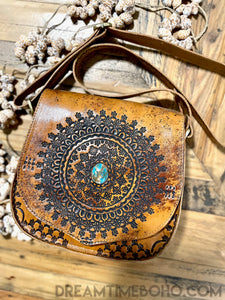 Mandala Vintage Crossbody Leather Boho Bag with Turquoise Stone-Crossbody Bag-Dreamtime Boho-Dreamtime Boho