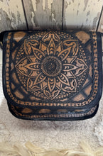 Load image into Gallery viewer, Genuine leather hand tooled mandala boho crossbody bag close up showing detailed artisan floral tooling pattern