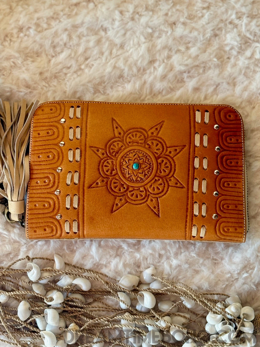 Mandala Leather Boho Wallet Purse Beige Large-Handbags, Wallets & Cases-Dreamtime Boho-Dreamtime Boho