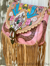Load image into Gallery viewer, Hand Painted Love Story Fringed Leather Boho Bag-Boho Fringe Bag-Dreamtime Boho -Pink-Dreamtime Boho