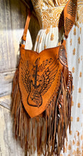 Load image into Gallery viewer, Rock angel wing guitar fringe leather crossbody bag in tan genuine leather front view with long fringe straps.