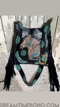 Load image into Gallery viewer, Dreamtime Boho hand painted western boho bag leather fringe bag with strap detail with tooling and fringe. Worldwide shipping from Queensland Australia.
