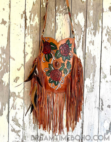 Hand Painted Wild Rose Fringe Leather Boho Bag-Crossbody Bag-Dreamtime Boho-Dreamtime Boho