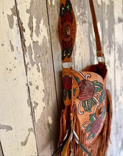 Load image into Gallery viewer, Hand painted leather boho crossbody bag with long fringe and adjustable strap