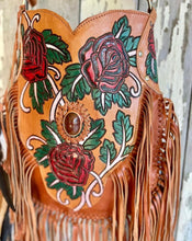 Load image into Gallery viewer, Hand painted wild rose handcrafted leather boho bag with feature stone