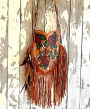 Load image into Gallery viewer, Wild Rose Spirit hand painted leather fringe boho crossbody bag