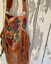 Load image into Gallery viewer, Tan leather fringe boho bag with hand painted wild roses and feathers
