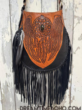 Load image into Gallery viewer, Angel wings leather fringe crossbody bag with hand-tooled dreamcatcher design and long black fringe