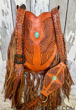 Load image into Gallery viewer, Main image of Angel Wings leather fringe crossbody bag with turquoise stone, handcrafted artisan boho bag exclusively designed by Dreamtime Boho.