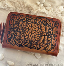 Load image into Gallery viewer, Back view of antique brown hand tooled leather wallet featuring detailed floral leather tooling