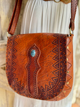 Load image into Gallery viewer, Close view of antique studded hand tooled leather crossbody bag with western boho tooling
