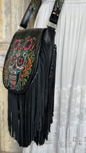 Load image into Gallery viewer, Artisan style leather fringe crossbody bag with hand painted floral design and adjustable strap