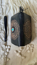 Load image into Gallery viewer, Top view of Azura Mandala hand tooled black leather wallet with mandala detailing.