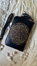 Load image into Gallery viewer,     Back view of Azura Mandala black leather wallet with hand tooled mandala design.