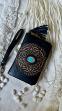 Load image into Gallery viewer, Azura Mandala black hand tooled leather wallet with turquoise gemstone front detail.Dreamtime Boho 