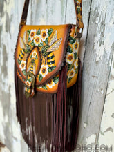 Load image into Gallery viewer, Bee Story Luxe Fringe Leather Crossbody Bag – Hand Painted Floral Bee Boho Bag-Crossbody Bag-Dreamtime Boho -Dreamtime Boho