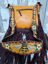 Load image into Gallery viewer, Bee Story Luxe Fringe Leather Crossbody Bag – Hand Painted Floral Bee Boho Bag-Crossbody Bag-Dreamtime Boho -Dreamtime Boho