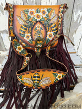 Load image into Gallery viewer, Bee Story Luxe Fringe Leather Crossbody Bag – Hand Painted Floral Bee Boho Bag-Crossbody Bag-Dreamtime Boho -Dreamtime Boho