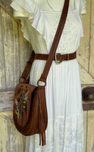 Load image into Gallery viewer, Close up of hand painted bee artwork on Bee Story leather boho bag