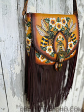 Load image into Gallery viewer, Bee Story Luxe Fringe Leather Crossbody Bag – Hand Painted Floral Bee Boho Bag-Crossbody Bag-Dreamtime Boho -Dreamtime Boho