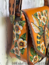 Load image into Gallery viewer, Bee Story Hand-Tooled Leather Crossbody Bag – Hand Painted Floral Bee Design-Handbags, Wallets &amp; Cases-Dreamtime Boho -Dreamtime Boho