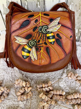 Load image into Gallery viewer, Hand painted Bee Story leather crossbody bag with bees on monstera leaf, genuine brown leather boho handbag main 