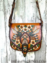 Load image into Gallery viewer, Bee Story Hand-Tooled Leather Crossbody Bag – Hand Painted Floral Bee Design-Handbags, Wallets &amp; Cases-Dreamtime Boho -Dreamtime Boho