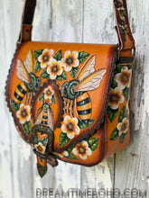 Load image into Gallery viewer, Bee Story Hand-Tooled Leather Crossbody Bag – Hand Painted Floral Bee Design-Handbags, Wallets &amp; Cases-Dreamtime Boho -Dreamtime Boho