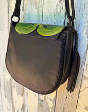 Load image into Gallery viewer, Back view of Bee Story hand-painted leather crossbody bag showing smooth genuine leather finish
