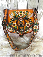 Load image into Gallery viewer, Bee Story Hand-Tooled Leather Crossbody Bag – Hand Painted Floral Bee Design-Handbags, Wallets &amp; Cases-Dreamtime Boho -Dreamtime Boho