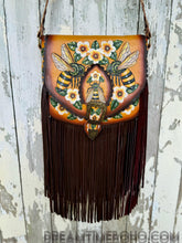 Load image into Gallery viewer, Bee Story Luxe Fringe Leather Crossbody Bag – Hand Painted Floral Bee Boho Bag-Crossbody Bag-Dreamtime Boho -Dreamtime Boho