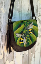 Load image into Gallery viewer, Hand painted Bee Story leather crossbody bag with monstera leaf artwork and adjustable strap, boho handbag Dreamtime Boho