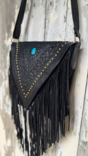 Load image into Gallery viewer, Black boho leather fringe bag with turquoise feature stone and antique stud detail