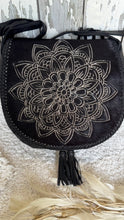 Load image into Gallery viewer, Close up black cowhide mandala leather bag handtooled front flap tassel detail genuine leather 